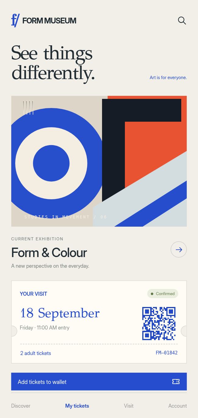 Form Museum exhibition and tickets app concept