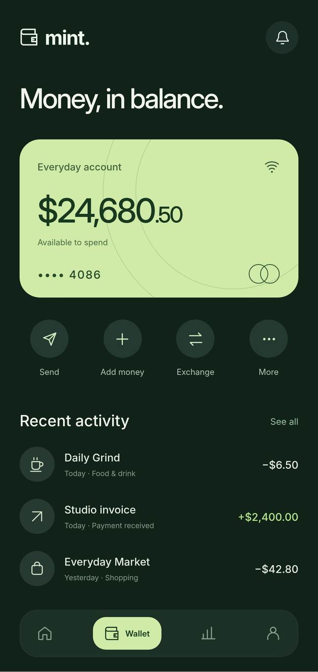 Mint digital wallet app concept