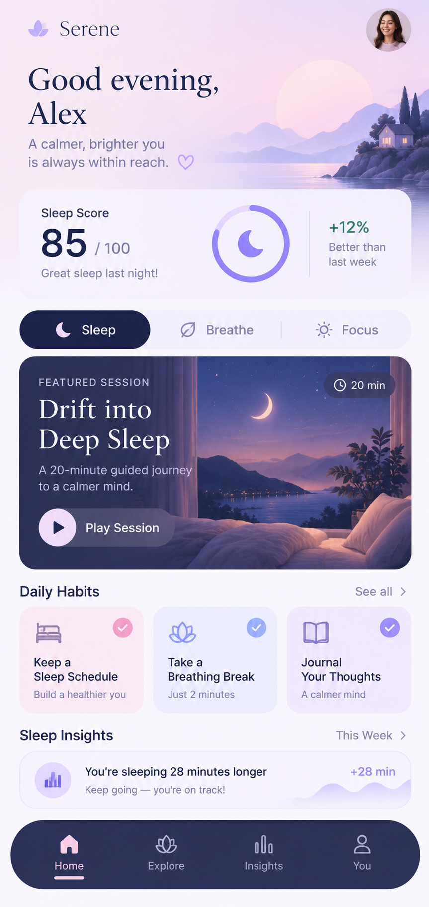 Serene sleep and wellness app concept